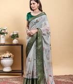 Grey printed art silk designer pallu saree