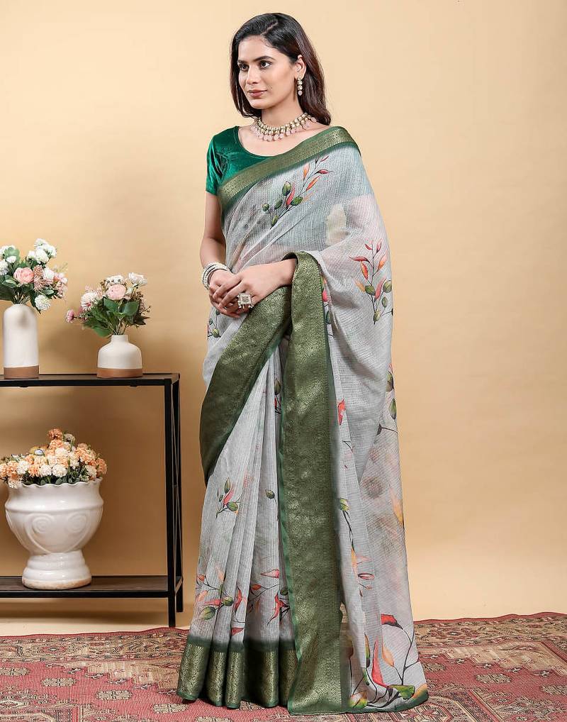 Grey printed art silk designer pallu saree