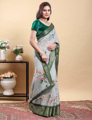 Grey printed art silk designer pallu saree 4