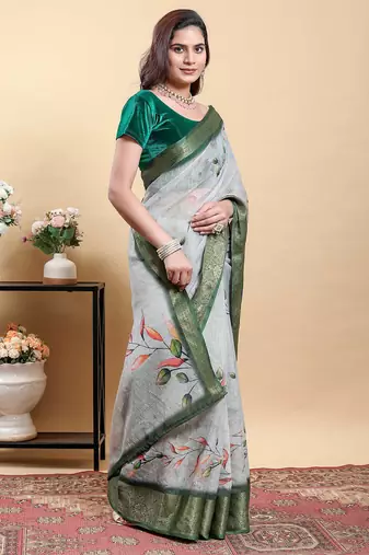 Grey printed art silk designer pallu saree