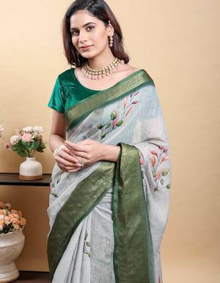 Grey printed art silk designer pallu saree 5