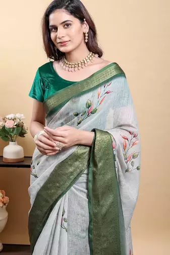 Grey printed art silk designer pallu saree