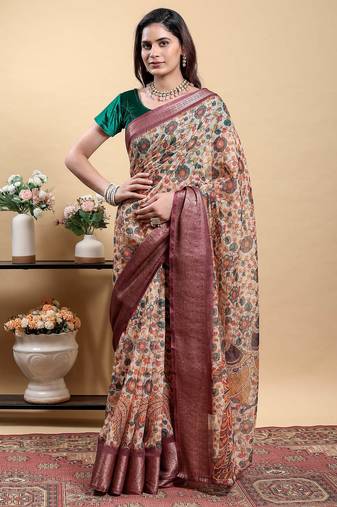 Peach printed art silk designer pallu saree