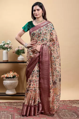 Peach printed art silk designer pallu saree