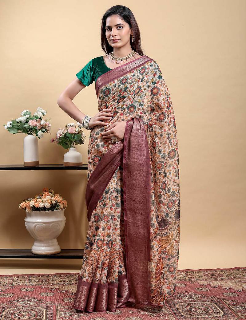 Peach printed art silk designer pallu saree