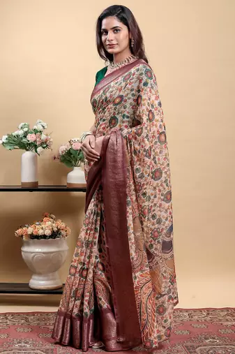 Peach printed art silk designer pallu saree