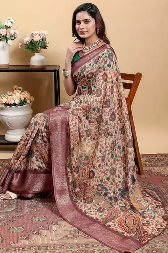 Peach printed art silk designer pallu saree