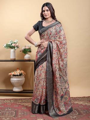 Yellow printed art silk designer pallu saree 1
