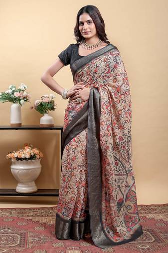 Yellow printed art silk designer pallu saree