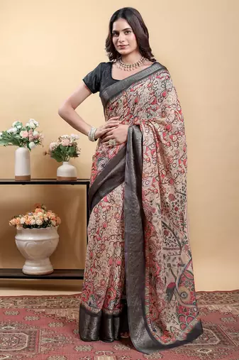 Yellow printed art silk designer pallu saree