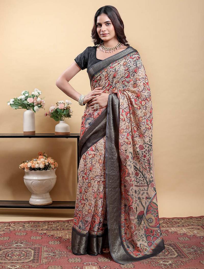 Yellow printed art silk designer pallu saree