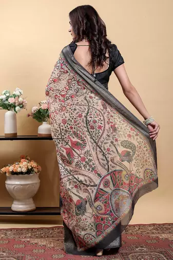 Yellow printed art silk designer pallu saree