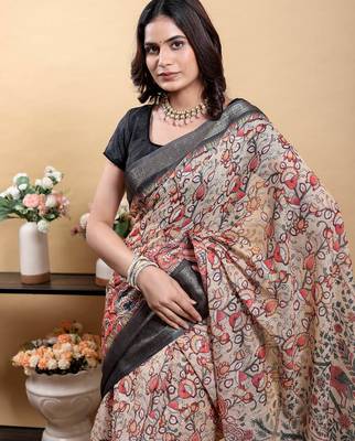 Yellow printed art silk designer pallu saree 5