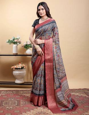 Grey printed art silk designer pallu saree 1