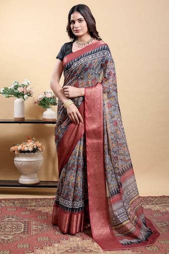 Grey printed art silk designer pallu saree