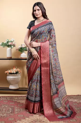 Grey printed art silk designer pallu saree