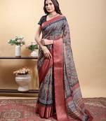 Grey printed art silk designer pallu saree