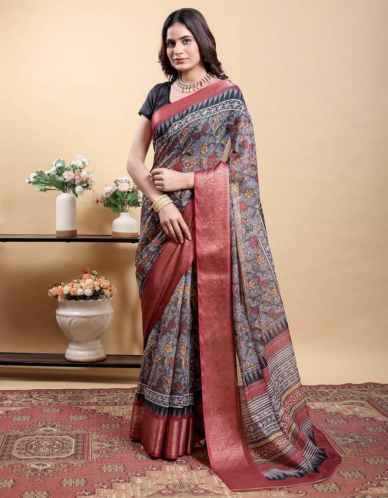 Grey printed art silk designer pallu saree