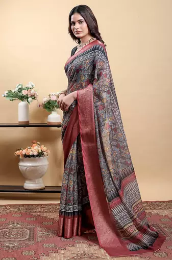Grey printed art silk designer pallu saree