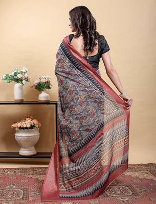 Grey printed art silk designer pallu saree 3