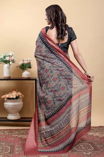 Grey printed art silk designer pallu saree