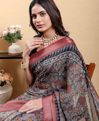 Grey printed art silk designer pallu saree 5