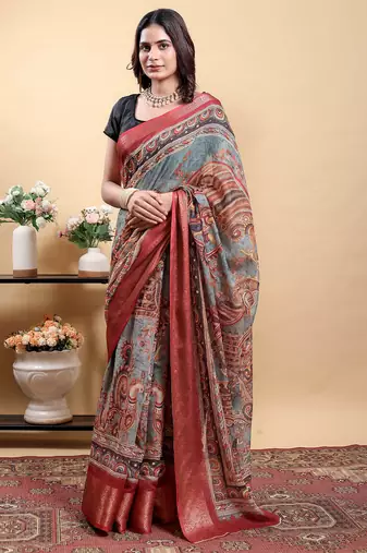 Grey printed art silk designer pallu saree