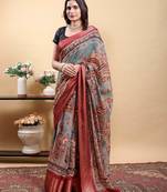 Grey printed art silk designer pallu saree