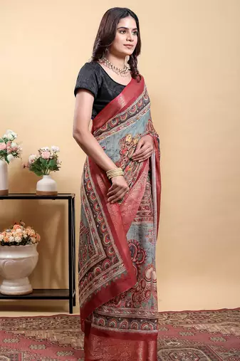 Grey printed art silk designer pallu saree