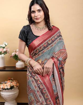 Grey printed art silk designer pallu saree 5