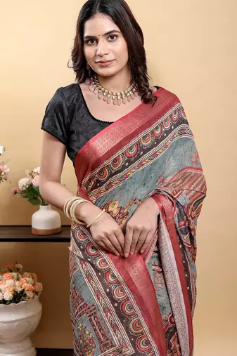 Grey printed art silk designer pallu saree