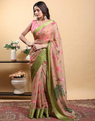 Cream printed art silk designer pallu saree 1