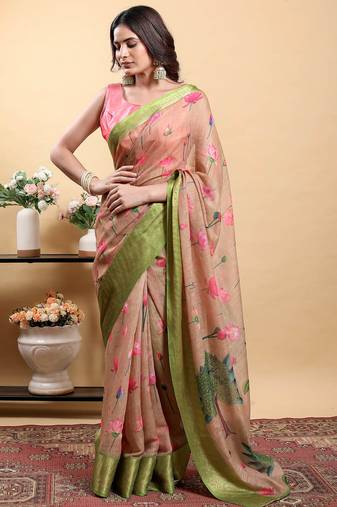 Cream printed art silk designer pallu saree