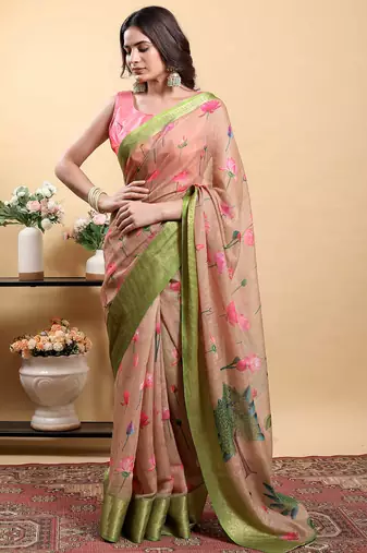 Cream printed art silk designer pallu saree
