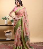 Cream printed art silk designer pallu saree