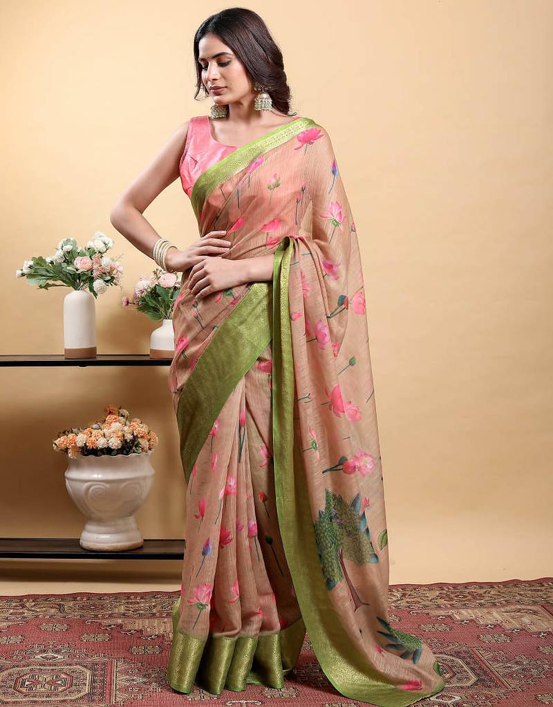 Cream printed art silk designer pallu saree