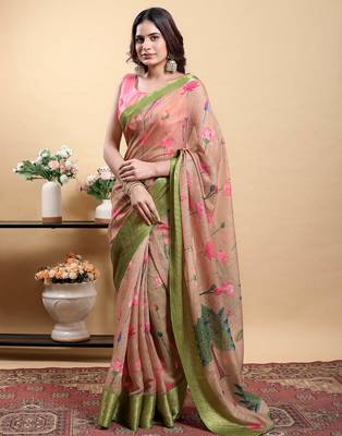 Cream printed art silk designer pallu saree 2