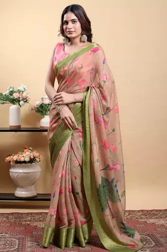 Cream printed art silk designer pallu saree