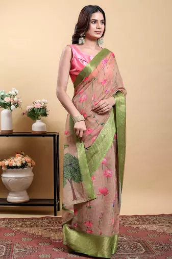 Cream printed art silk designer pallu saree