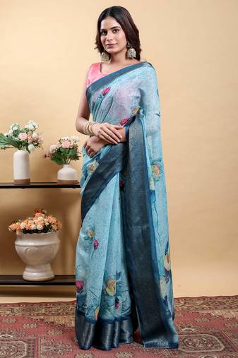 Light sky blue printed art silk designer pallu saree