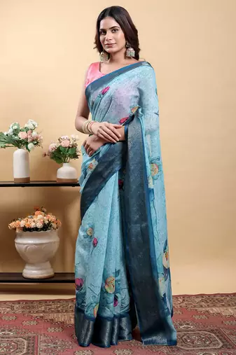 Light sky blue printed art silk designer pallu saree