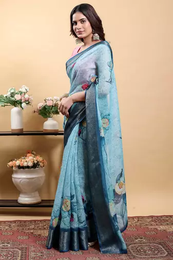 Light sky blue printed art silk designer pallu saree