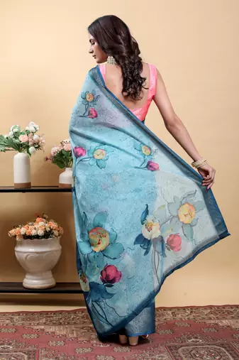 Light sky blue printed art silk designer pallu saree
