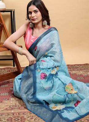 Light sky blue printed art silk designer pallu saree 4