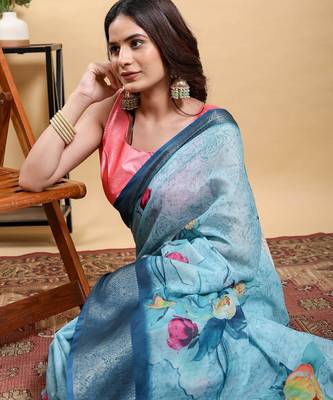 Light sky blue printed art silk designer pallu saree 5