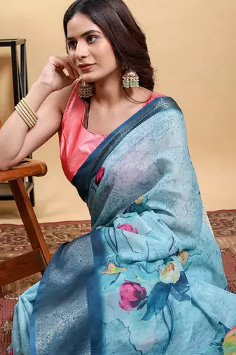 Light sky blue printed art silk designer pallu saree