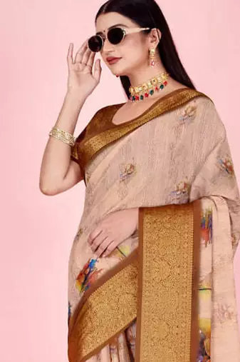 Cream printed art silk designer pallu saree