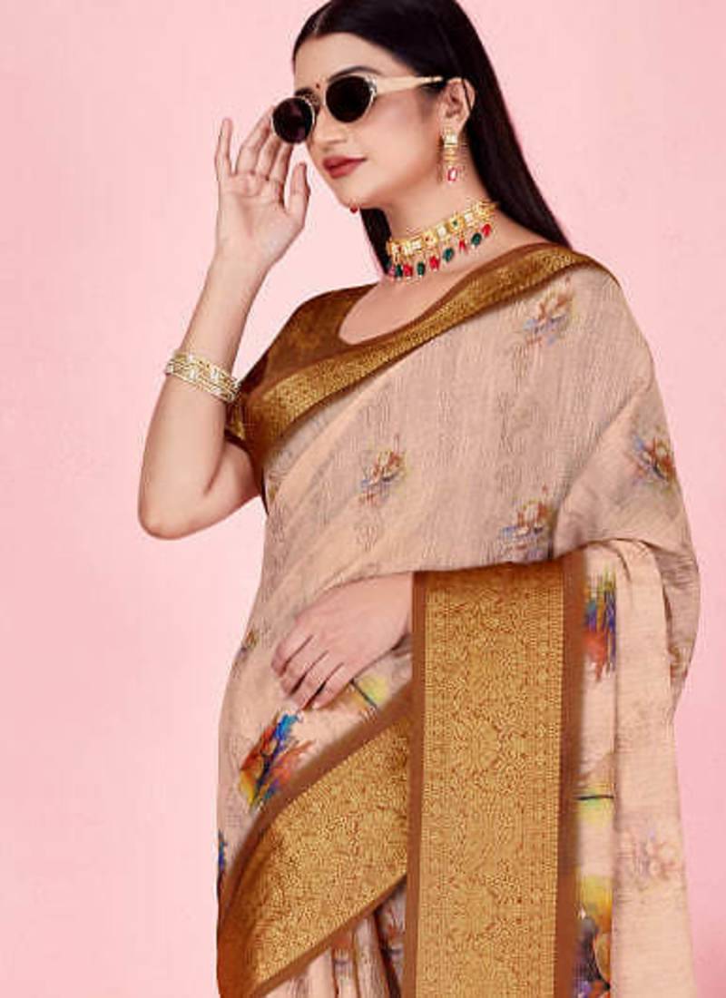Cream printed art silk designer pallu saree