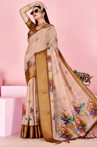 Cream printed art silk designer pallu saree
