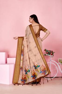 Cream printed art silk designer pallu saree 4